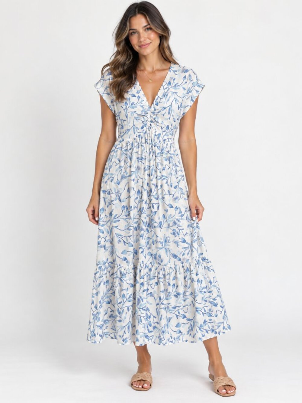 American Eagle Blue Floral Maxi Dress 100% Cotton Lined Pockets Side Zip Medium